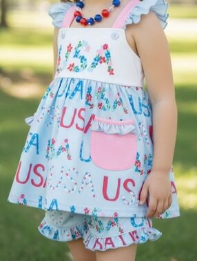Girls USA Floral Blue & Pink Short Set